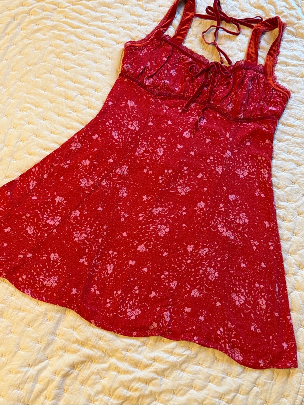 Free People Red Floral Velvet Trim Smocked Mini Dress Size XL